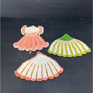 Crochet Hot Pads Table Protector 3 Set Dress Fans Pink Green Handmade Potholders